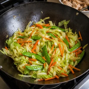 Cabbage, carrots, and snap peas stir-frying in a wok