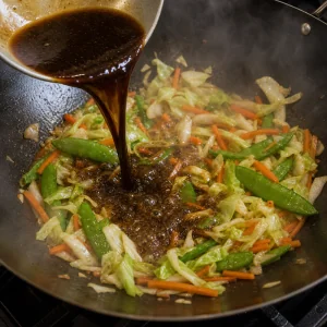 Dark sauce poured into simmering vegetables in a wok