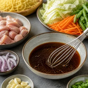 Dark soy-oyster sauce mixture being whisked in a bowl