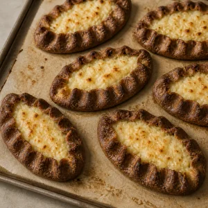 Upieczone pierogi karelskie z rumianymi żytnimi brzegami