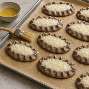 Niewypieczone pierogi posmarowane na blasze z papierem