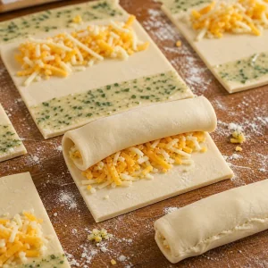 Cheese-filled puff pastry rolled toward herbed butter edges