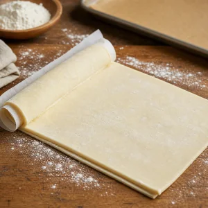 Cold puff pastry sheet unfolded on a floured work surface