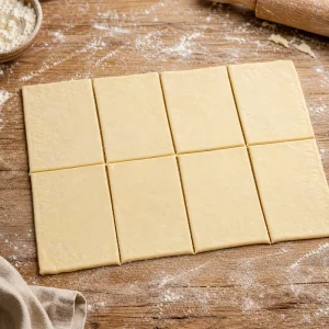 Puff pastry cut into eight rectangles on a floured table