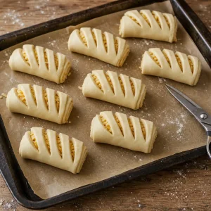 Raw pastry rolls with diagonal claw cuts on parchment