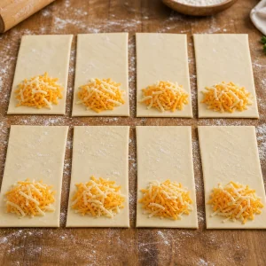 Shredded cheese mounded on raw puff pastry rectangles