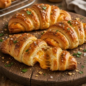 Warm flaky cheese bear claws with gooey filling on a wooden board