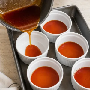 Amber caramel poured into white ramekins