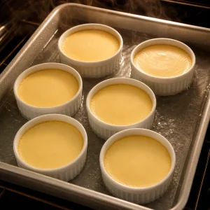 Baked flan custards resting in a water bath