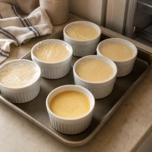 Covered ramekins of chilled baked custard
