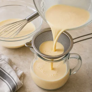 Creamy custard strained through a fine sieve