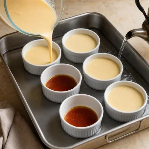 Custard poured over caramel in ramekins