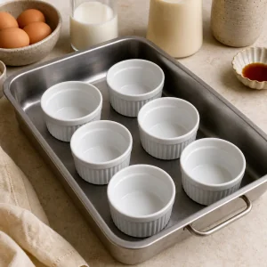 Six empty ramekins arranged in a roasting pan