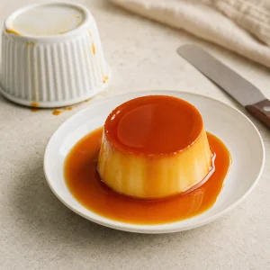 Unmolded flan with glossy caramel sauce