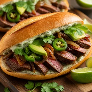 Finished flat iron steak torta served immediately with lime wedges on the side