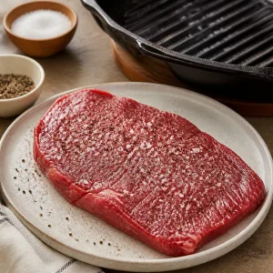 Flat iron steak seasoned generously with salt and black pepper beside a hot grill pan