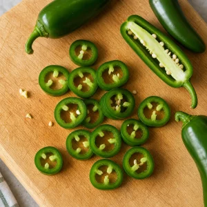 Fresh jalapenos sliced into green rings on a cutting board