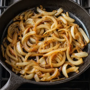Thin onions caramelized until golden in a skillet with olive oil and butter