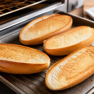 Toasted bolillo rolls warmed and sliced open lengthwise for tortas
