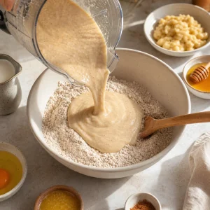 Banana pancake batter poured into oat flour in a mixing bowl