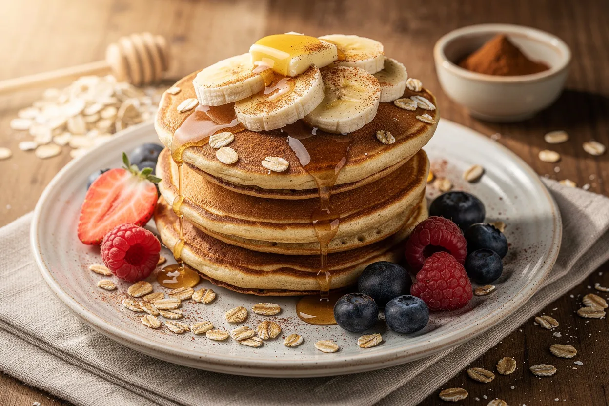 Fluffy Banana Oat Pancakes with Honey and Cinnamon