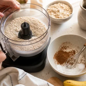 Rolled oats pulsed into coarse flour with cinnamon and baking powder nearby