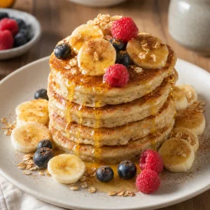 Stack of banana oat pancakes with berries, banana slices, honey, and cinnamon