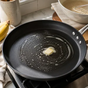 Butter schmilzt in einer vorgeheizten beschichteten Pfanne