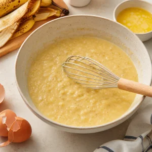 Buttermilch, Eier, zerdrückte Banane, Butter und Vanille verquirlt