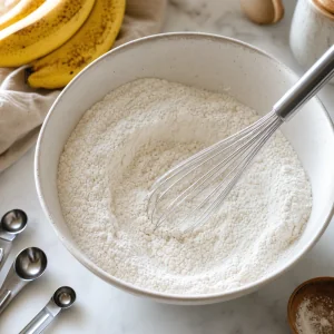 Trockene Pfannkuchenzutaten werden in einer Schüssel verquirlt