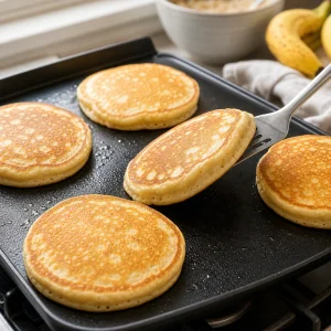 Goldbraune Bananen-Pfannkuchen backen nach dem Wenden auf der Platte