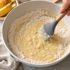Klümpchiger Bananen-Pfannkuchenteig wird vorsichtig mit dem Spatel untergehoben