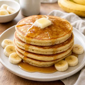 Stapel luftiger Bananen-Pfannkuchen mit Butter, Ahornsirup und Bananenscheiben