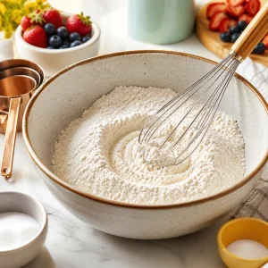 Ingredients secs pour pancakes fouettes dans un saladier