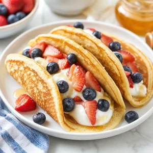 Tacos de pancakes finis avec yaourt grec fruits rouges frais et miel