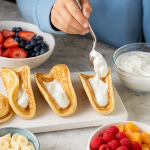 Yaourt grec depose a la cuillere dans des pancakes replies en tacos