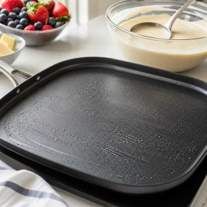 Plaque legerement graissee qui chauffe pour de petits pancakes du petit-dejeuner