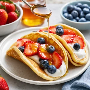 Tacos de pancakes garnis de fraises de myrtilles et de miel