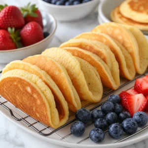 Mini pancakes tiedes plies en forme de tacos sur une grille