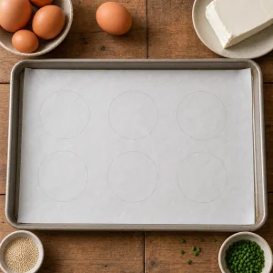 Teglia con carta da forno e sei guide per pane nuvola