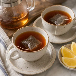 Earl-Grey-Tee zieht in Tassen mit Zitronenspalten
