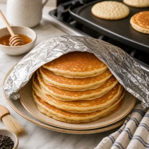 Fertige Pfannkuchen bleiben unter lockerer Folie warm