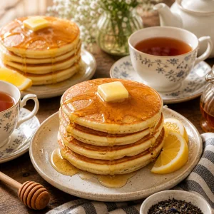 Pfannkuchenstapel mit Honig und Earl-Grey-Tee serviert