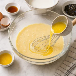 Milch, Ei, Vanille und geschmolzene Butter verquirlt