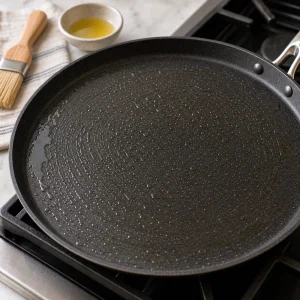 Beschichtete Pfanne fuer Pfannkuchen mit Oel bestrichen