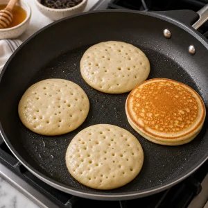 Pfannkuchen backen mit Blaeschen an der Oberflaeche