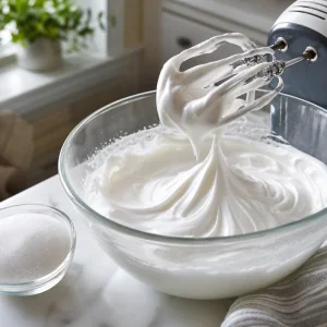 Glossy egg white meringue beaten to stiff peaks