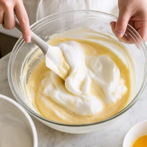 Meringue gently folded into pale yellow pancake batter