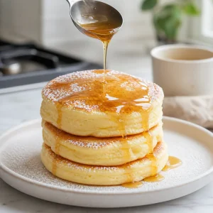 Sweet mirin glaze drizzled over fluffy Japanese pancakes