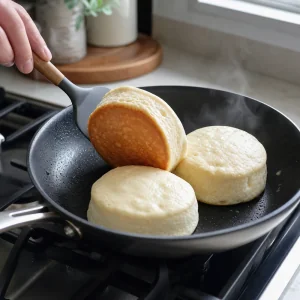 Tall Japanese pancakes being flipped in a skillet with golden sides